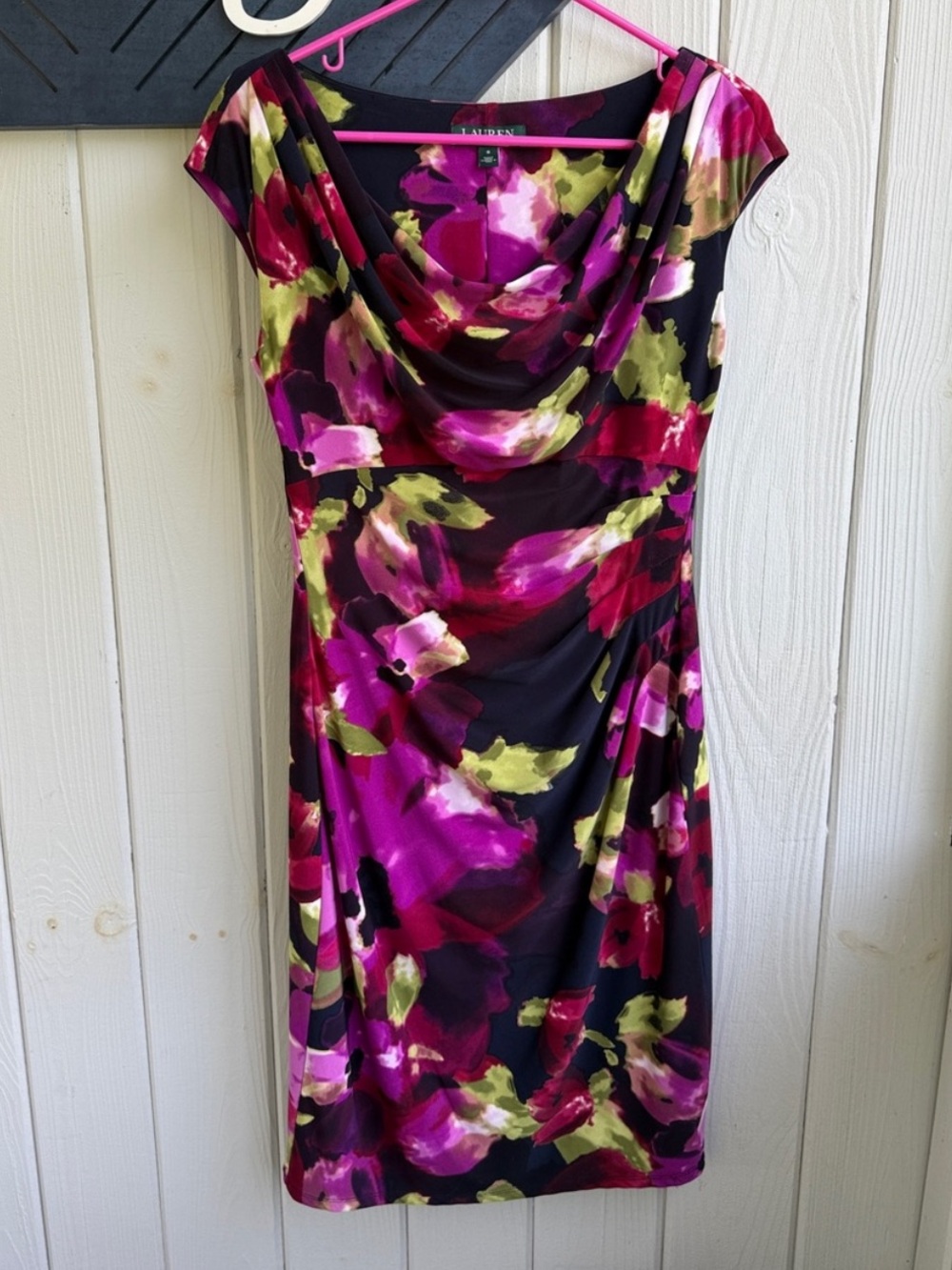 Ralph Lauren Black Floral Cowl-Neck Midi Dress with Fuchsia & Green Accents